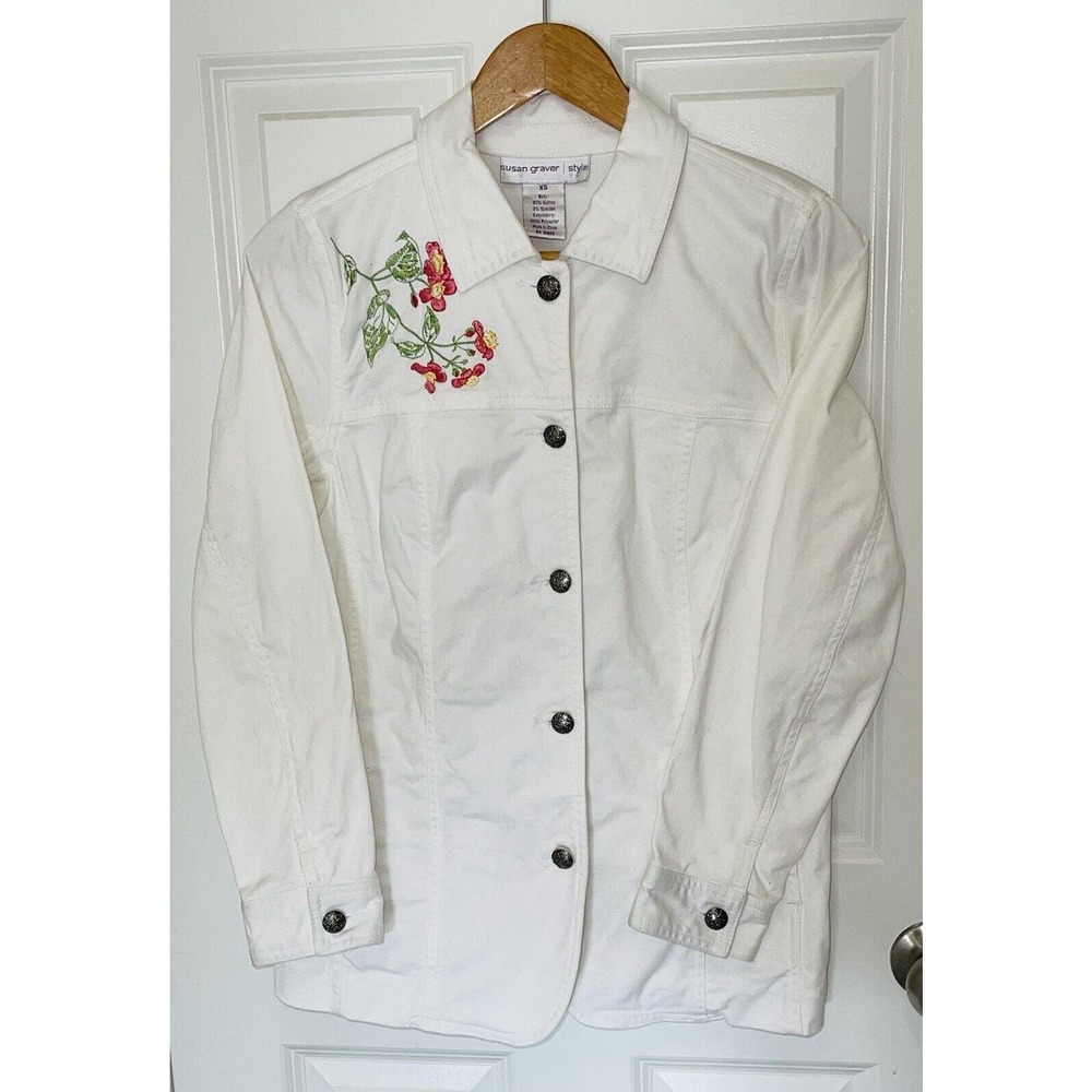 Women's Susan Graver White Denim Jacket w/Front & Back Floral Embroidery Size XS